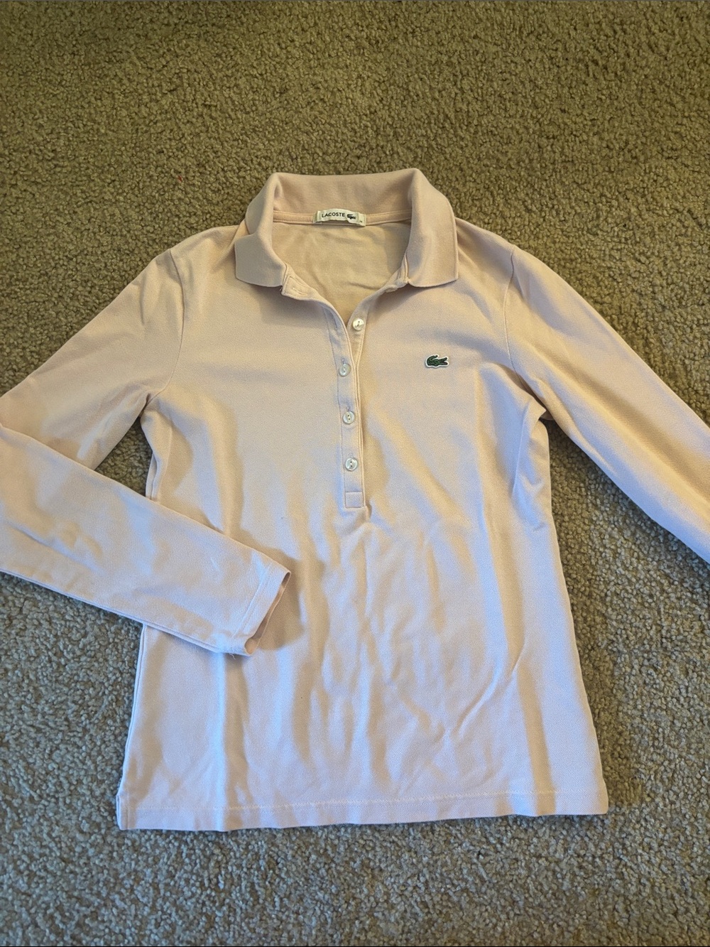 Lacoste women Long-Sleeve Polo in Pale Pink with Green Crocodile Logo sz 2-4